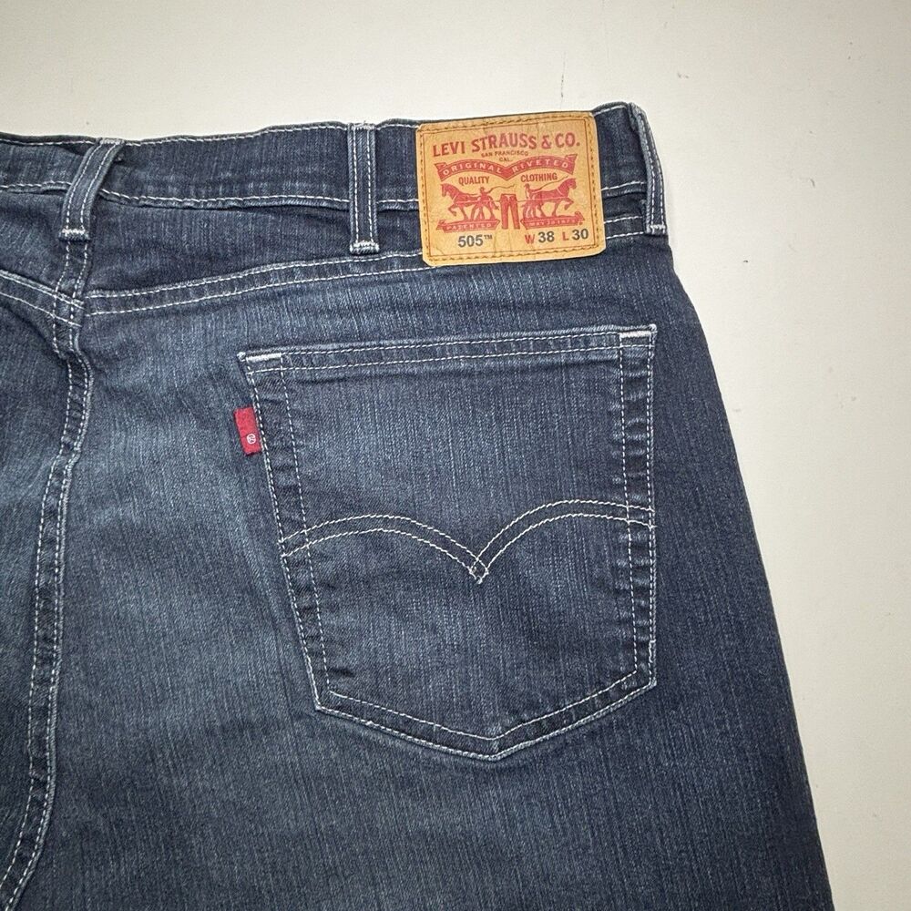 Levis 505 Regular Fit Straight Leg Men's 38x30 Dark Wash Denim Blue Jeans Zip - Picture 3 of 9